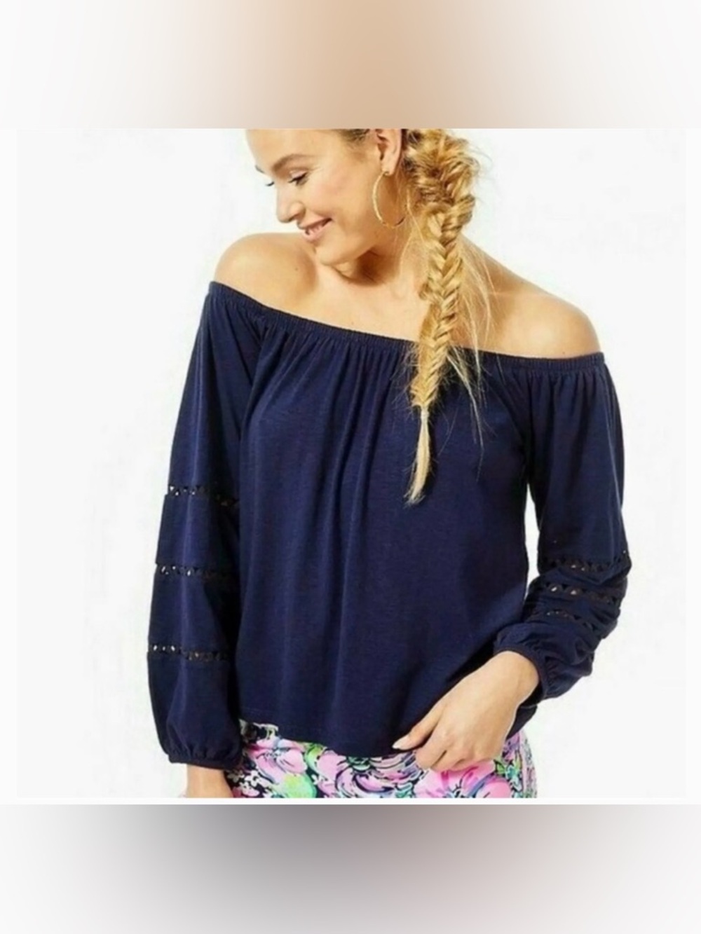 Lilly Pulitzer Katt Off The Shoulder Top True Navy Blue Lace Cutouts XL New NWT